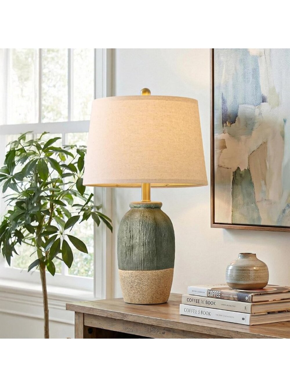 Boho Green Ceramic Table Lamps - 22.5” Nightstand Lighting for Bedroom Decor